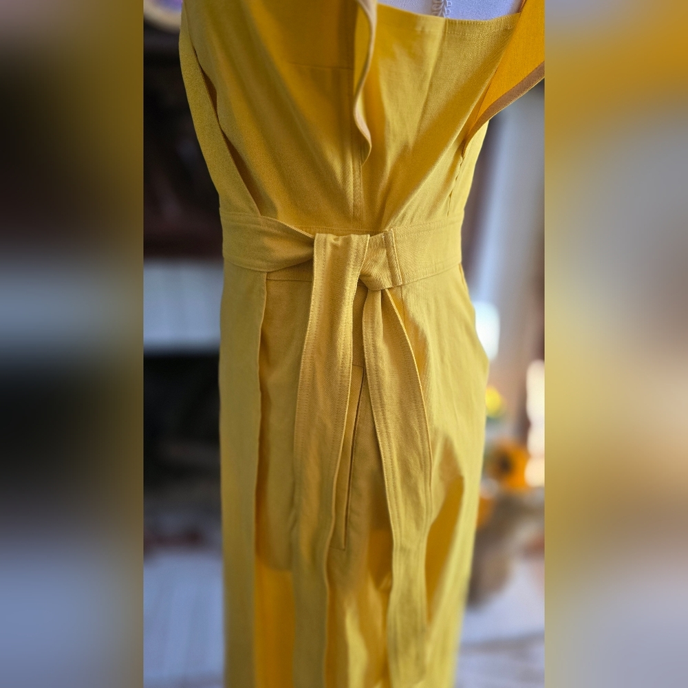 💛 A.L.C. Yellow Mustard Walker Ruffle Shoulder Belted Tie Waist Wrapped Dress 6 - Picture 6 of 12